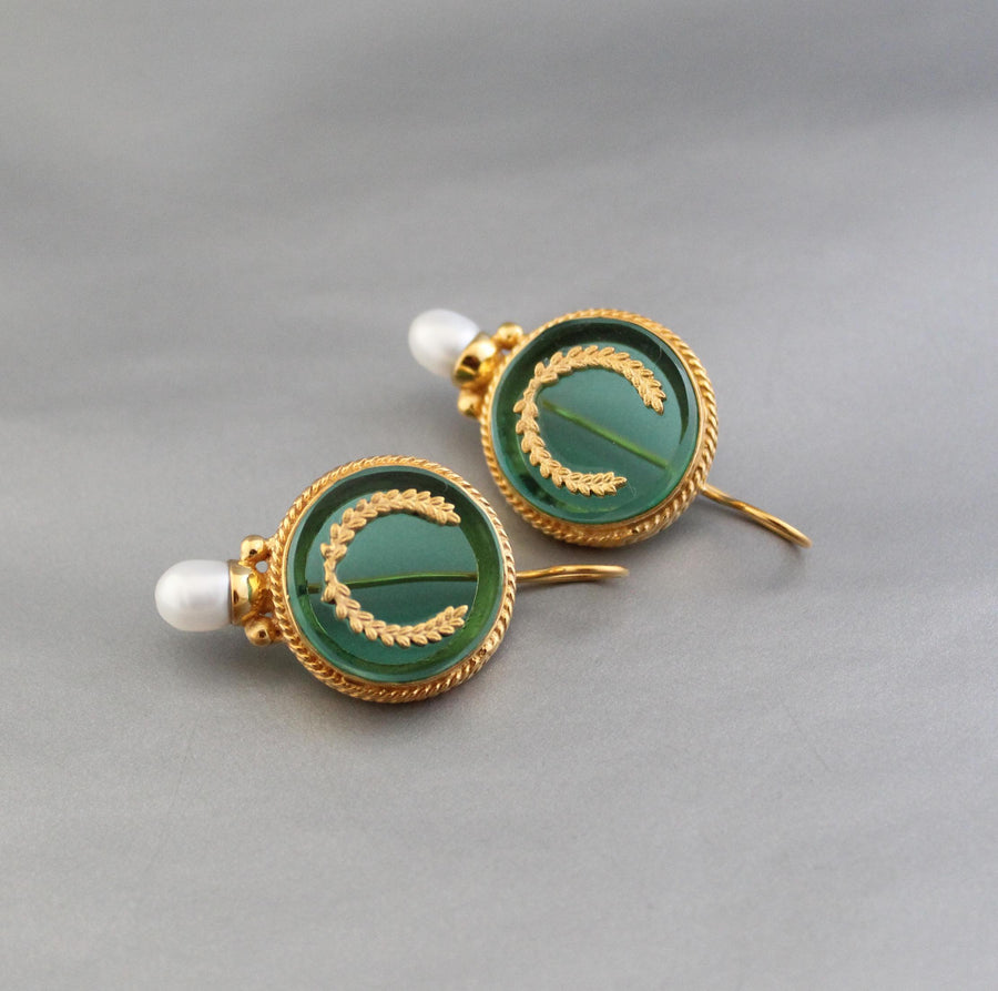 Green Intaglio Pearl Earrings, Art Deco Bridal, 18K Gold Vermeil, photo 2