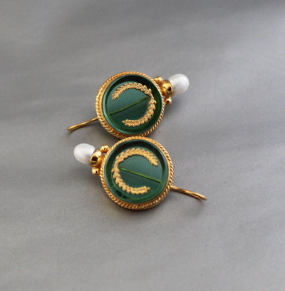 Green Intaglio Pearl Earrings, Art Deco Bridal, 18K Gold Vermeil