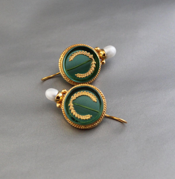 Green Intaglio Pearl Earrings, Art Deco Bridal, 18K Gold Vermeil