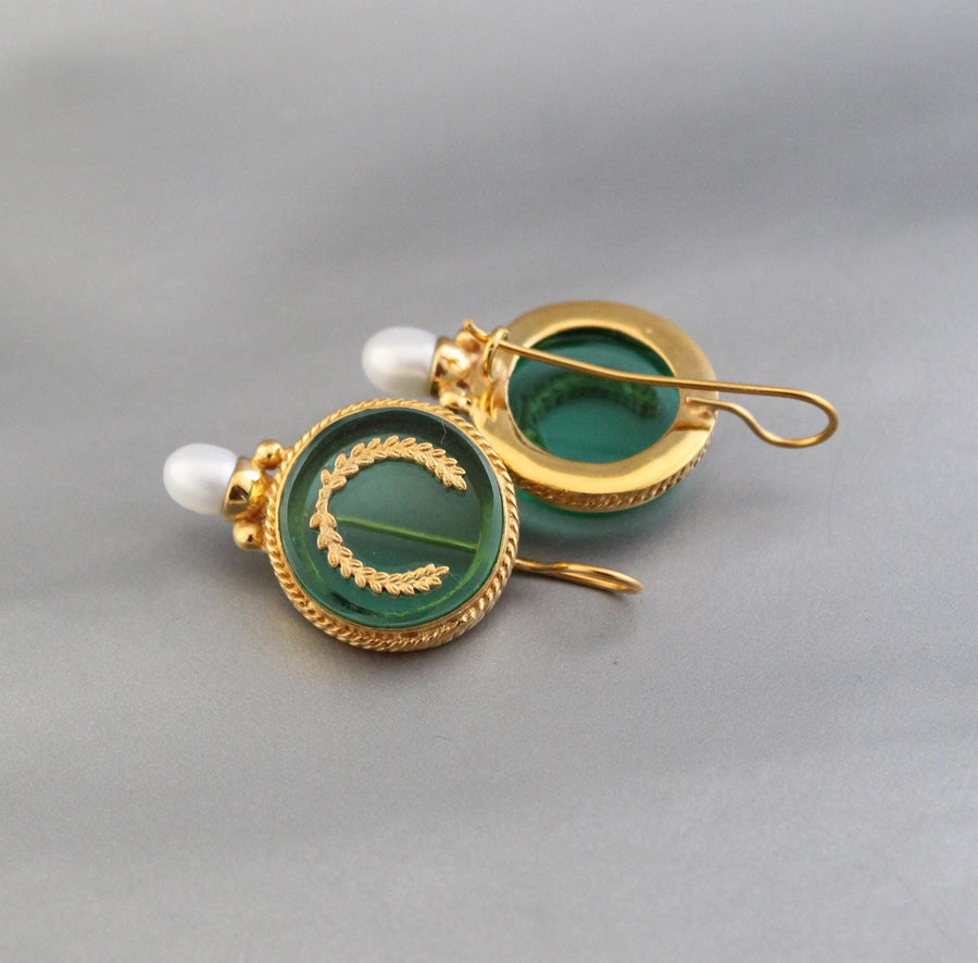 Green Intaglio Pearl Earrings, Art Deco Bridal, 18K Gold Vermeil, photo 7