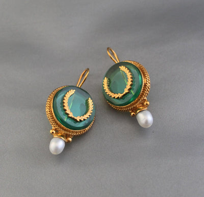 Green Intaglio Pearl Earrings, Art Deco Bridal, 18K Gold Vermeil, photo 9