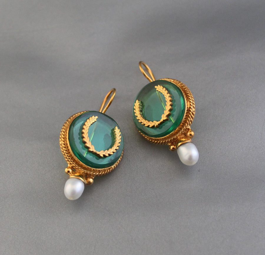 Green Intaglio Pearl Earrings, Art Deco Bridal, 18K Gold Vermeil, photo 9