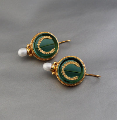 Green Intaglio Pearl Earrings, Art Deco Bridal, 18K Gold Vermeil, photo 10