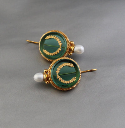 Green Intaglio Pearl Earrings, Art Deco Bridal, 18K Gold Vermeil, photo 11
