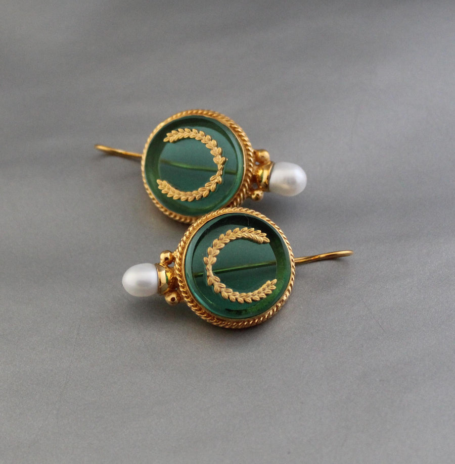 Green Intaglio Pearl Earrings, Art Deco Bridal, 18K Gold Vermeil, photo 11