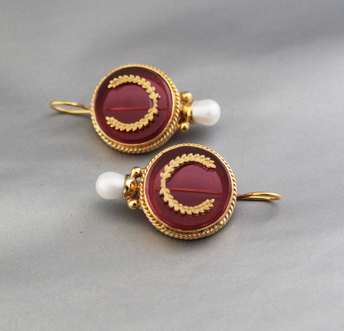 Red Laurel Wreath Intaglio Earrings, Victorian Gold Vermeil, photo 5