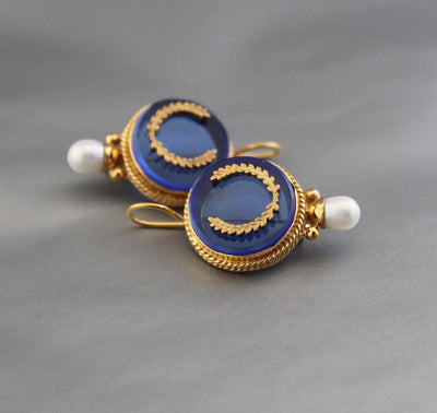 Blue Intaglio Glass Earrings, 1920s Art Deco Pearl Drops, Brass