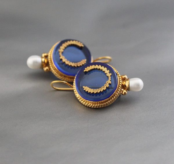 Blue Intaglio Glass Earrings, 1920s Art Deco Pearl Drops, Brass