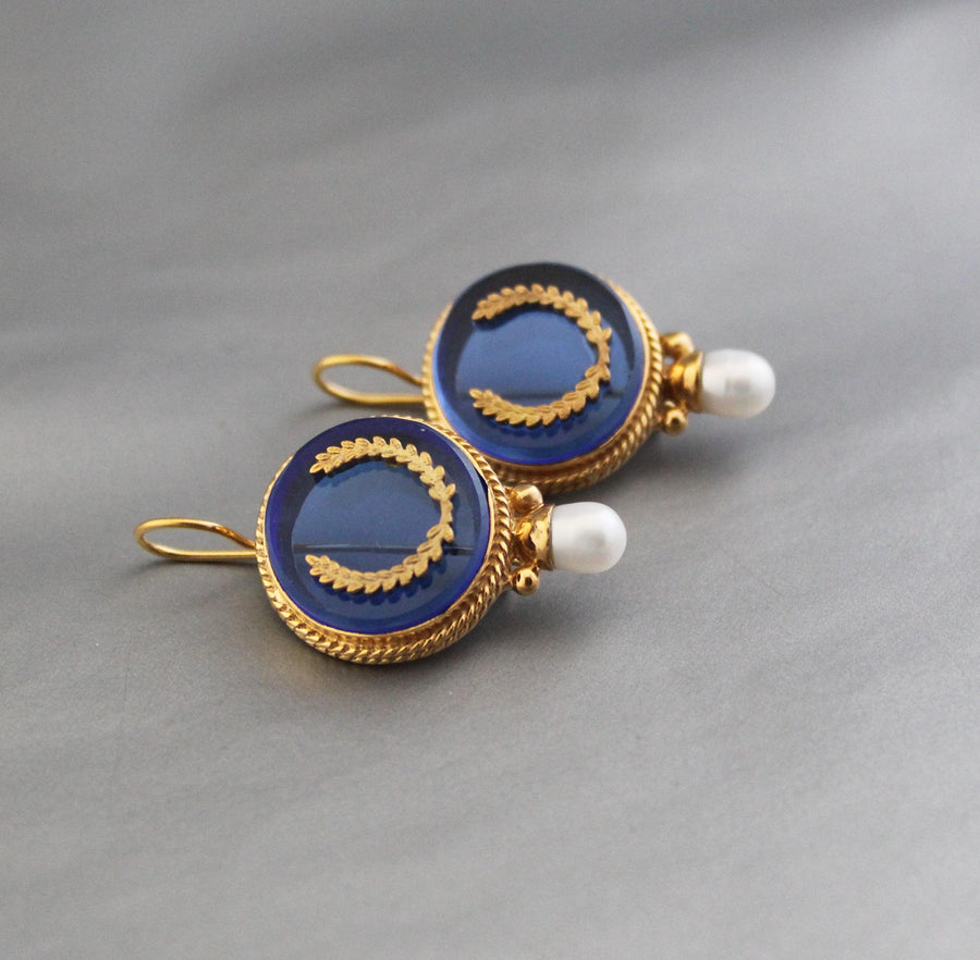 Blue Intaglio Glass Earrings, 1920s Art Deco Pearl Drops, Brass, photo 3