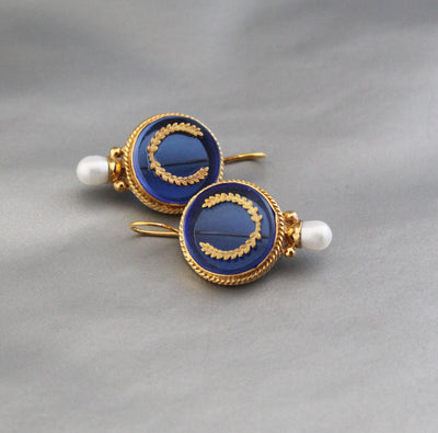 Blue Intaglio Glass Earrings, 1920s Art Deco Pearl Drops, Brass, photo 5