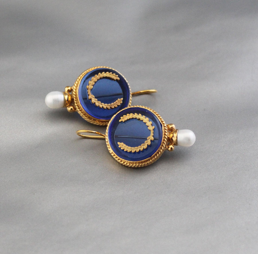 Blue Intaglio Glass Earrings, 1920s Art Deco Pearl Drops, Brass, photo 5