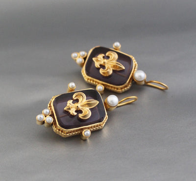 Purple Intaglio Earrings, Bridal Statement, Gold, photo 6