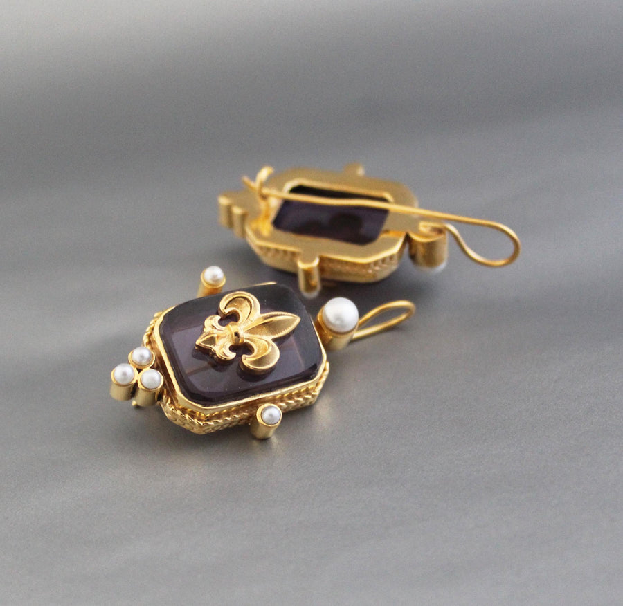 Purple Intaglio Earrings, Bridal Statement, Gold, photo 7