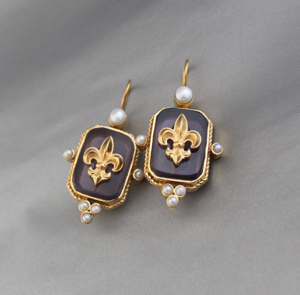 Purple Intaglio Earrings, Bridal Statement, Gold