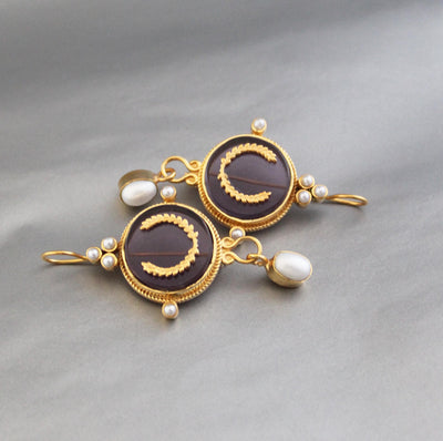 Purple Crystal Laurel Intaglio Earrings, Bridal Pearls, Gold Vermeil, photo 4
