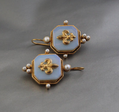 Opal Fleur-de-lis Intaglio Earrings, Victorian Style, Gold Vermeil, photo 7