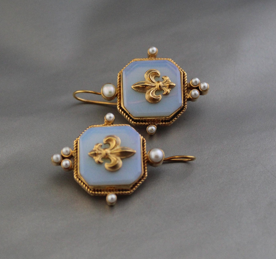 Opal Fleur-de-lis Intaglio Earrings, Victorian Style, Gold Vermeil, photo 7