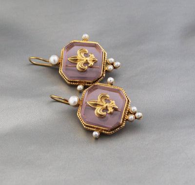 Fleur-de-lis Intaglio Glass Earrings, Victorian Pearl Dangles, Gold Plated, photo 5