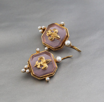 Fleur-de-lis Intaglio Glass Earrings, Victorian Pearl Dangles, Gold Plated, photo 8