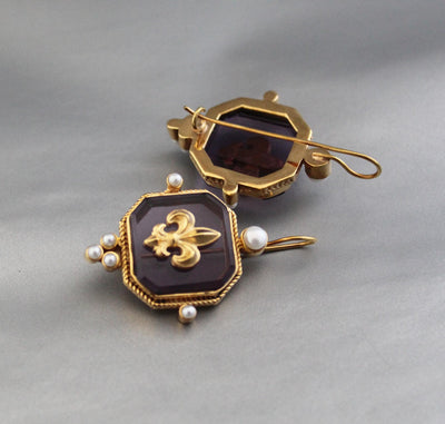 Purple Fleur-de-lis Intaglio Earrings, Victorian Art Deco Style, Gold Plated, photo 5