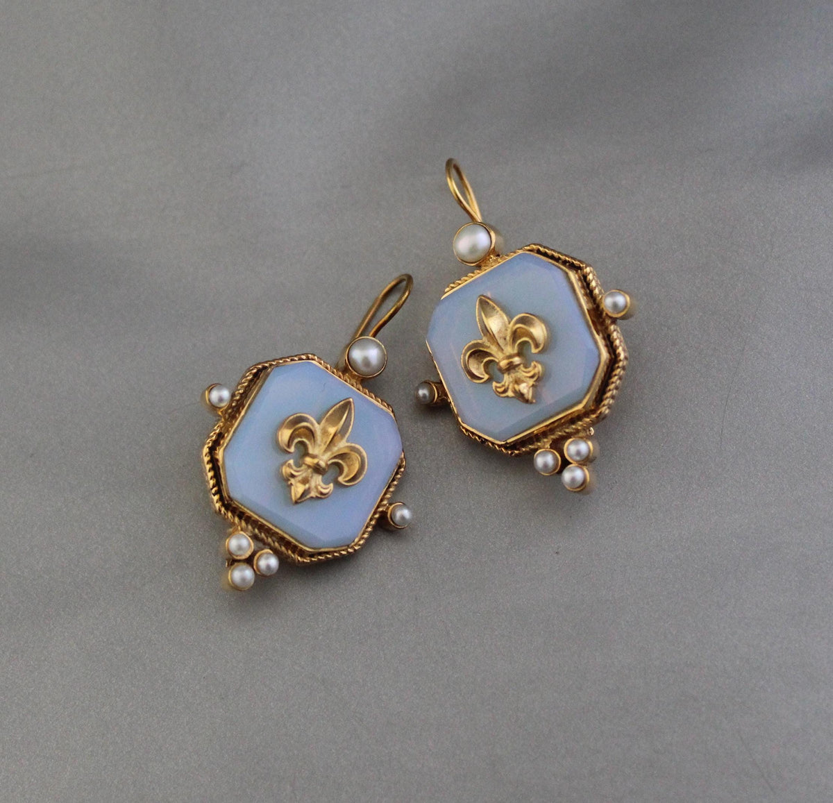 Opal Fleur-de-lis Intaglio Earrings, Victorian Style, Gold Vermeil