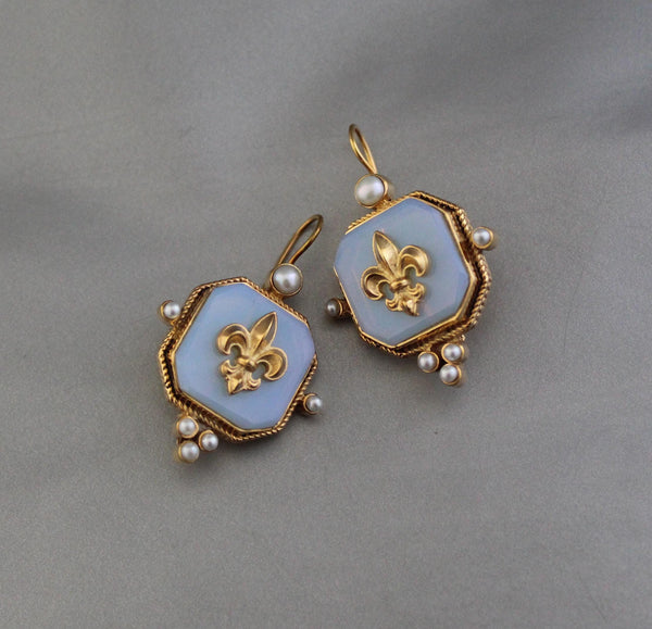 Opal Fleur-de-lis Intaglio Earrings, Victorian Style, Gold Vermeil