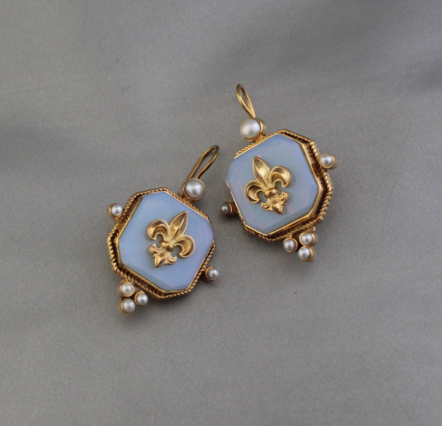 Opal Fleur-de-lis Intaglio Earrings, Victorian Style, Gold Vermeil
