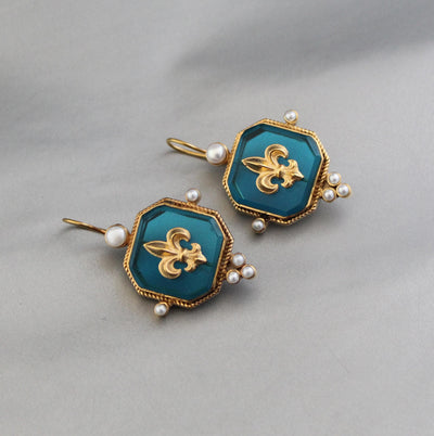 Turquoise Blue Fleur-de-lis Intaglio Earrings, Victorian Style, Gold Plated, photo 5