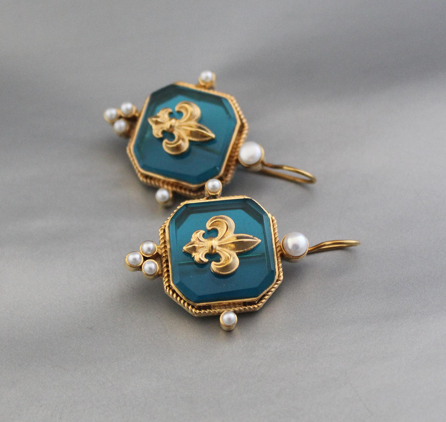 Turquoise Blue Fleur-de-lis Intaglio Earrings, Victorian Style, Gold Plated, photo 9