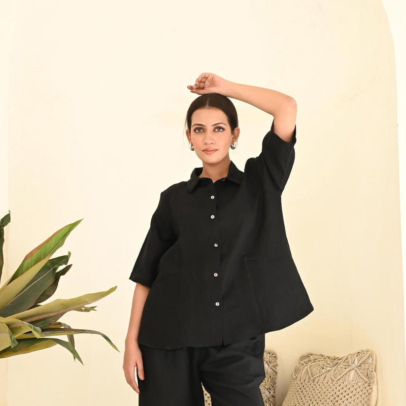 Black Linen Button-Down Shirt: Oversized Soft Linen Blouse