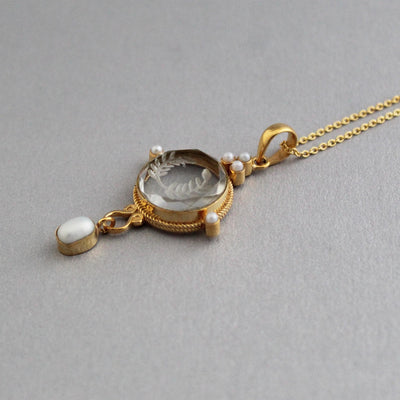 Clear Laurel Wreath Intaglio Pendant and Earrings Set, Gold Chandelier, photo 10