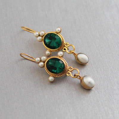 Dark Green Glass Intaglio Earrings, Victorian Style, Gold Vermeil with Pearls, photo 6