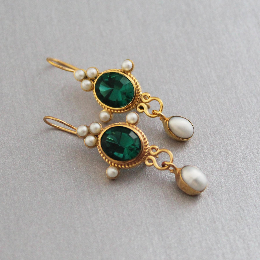 Dark Green Glass Intaglio Earrings, Victorian Style, Gold Vermeil with Pearls, photo 6