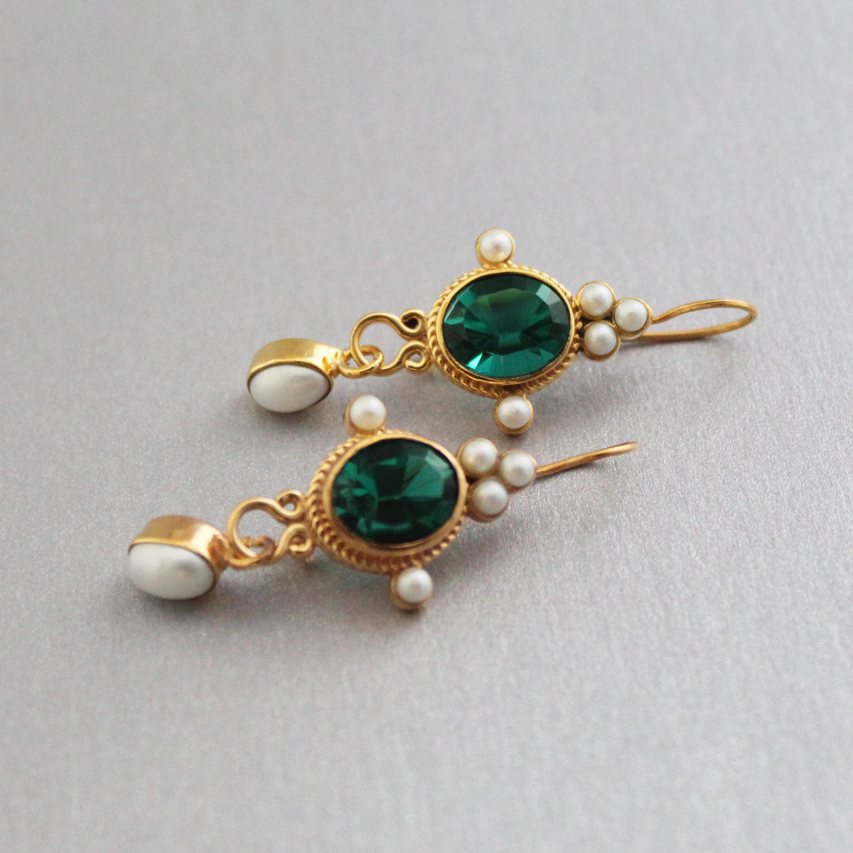 Dark Green Glass Intaglio Earrings, Victorian Style, Gold Vermeil with Pearls, photo 7