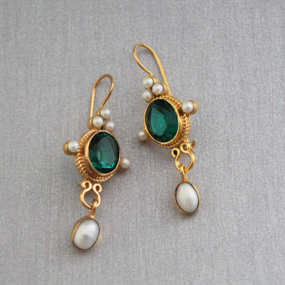 Dark Green Glass Intaglio Earrings, Victorian Style, Gold Vermeil with Pearls, photo 5