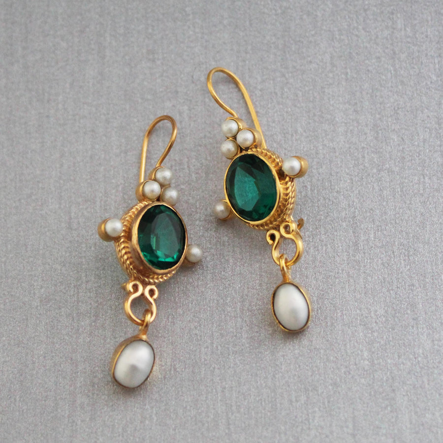 Dark Green Glass Intaglio Earrings, Victorian Style, Gold Vermeil with Pearls, photo 5