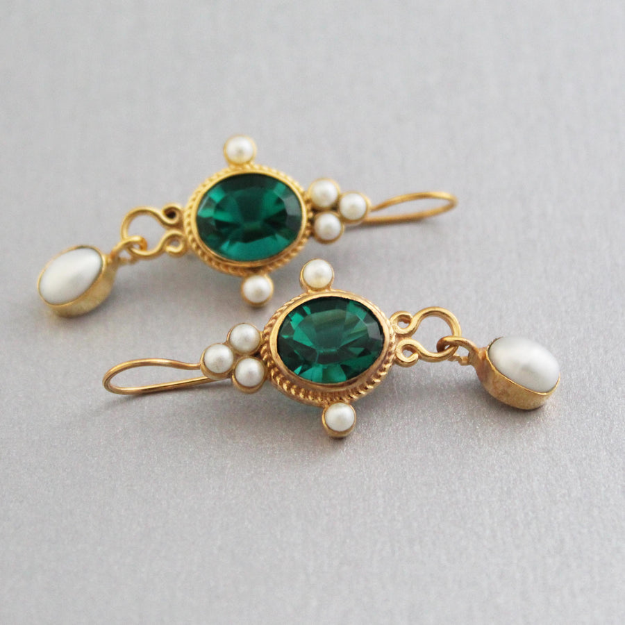 Dark Green Glass Intaglio Earrings, Victorian Style, Gold Vermeil with Pearls