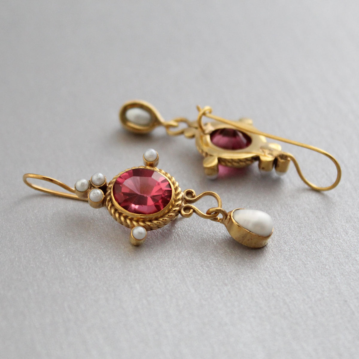 Pink Glass Intaglio Earrings, Roman Revival Style, Antique Gold Plated, photo 5