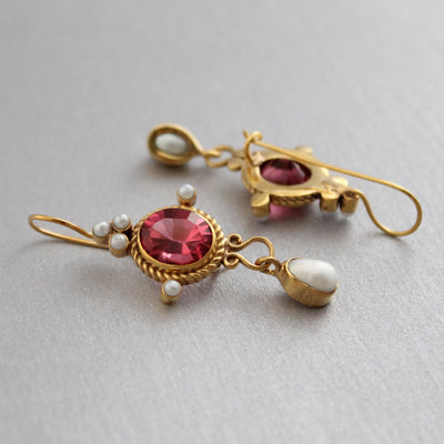 Pink Glass Intaglio Earrings, Roman Revival Style, Antique Gold Plated, photo 5