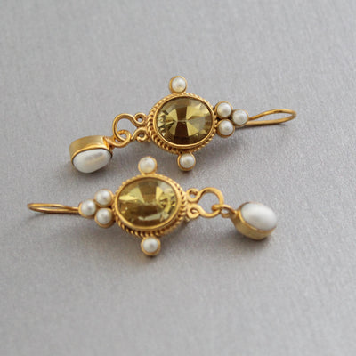 Yellow Intaglio Drop Earrings, Victorian Art Deco Gold, photo 4