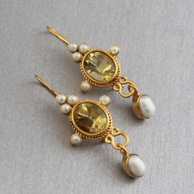 Yellow Intaglio Drop Earrings, Victorian Art Deco Gold, photo 7