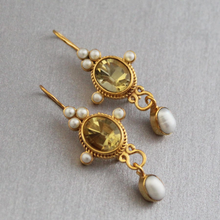 Yellow Intaglio Drop Earrings, Victorian Art Deco Gold, photo 7
