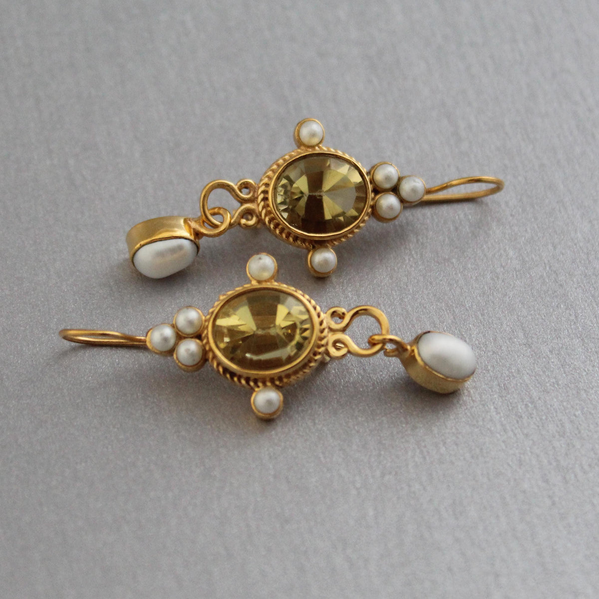 Yellow Intaglio Drop Earrings, Victorian Art Deco Gold, photo 5