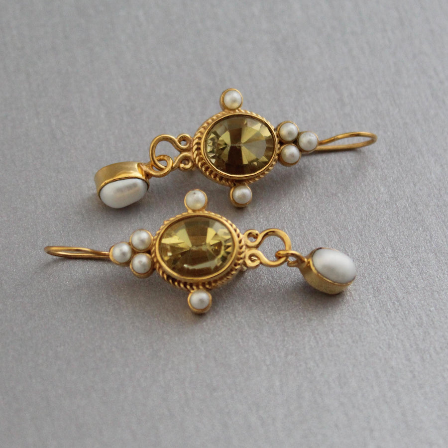 Yellow Intaglio Drop Earrings, Victorian Art Deco Gold, photo 5
