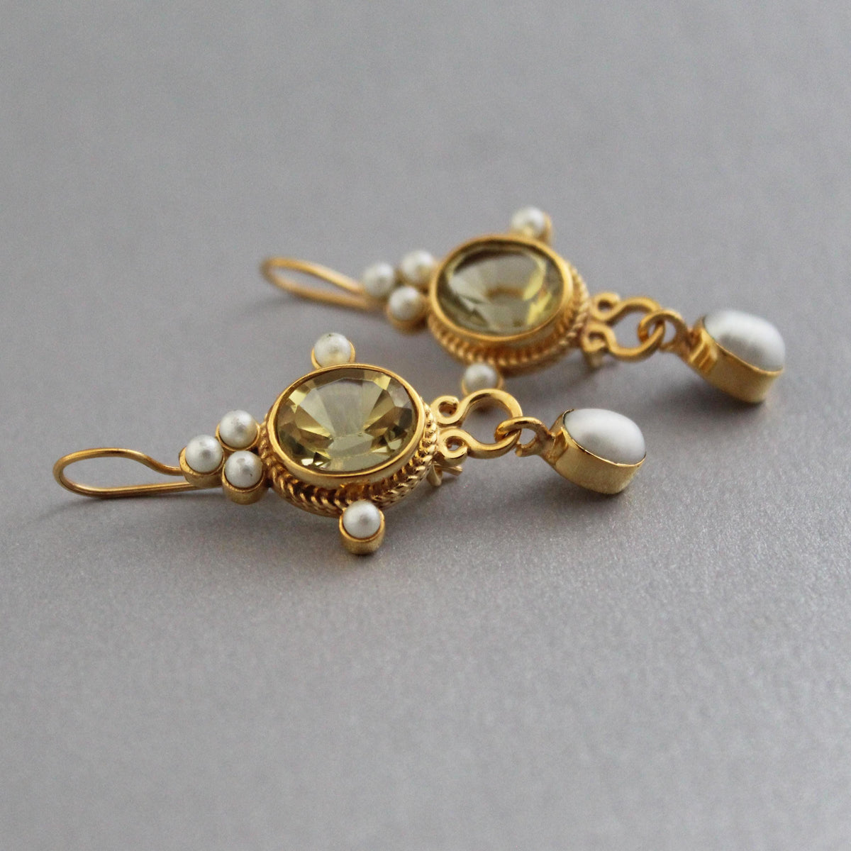 Yellow Intaglio Drop Earrings, Victorian Art Deco Gold, photo 8