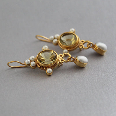 Yellow Intaglio Drop Earrings, Victorian Art Deco Gold, photo 8