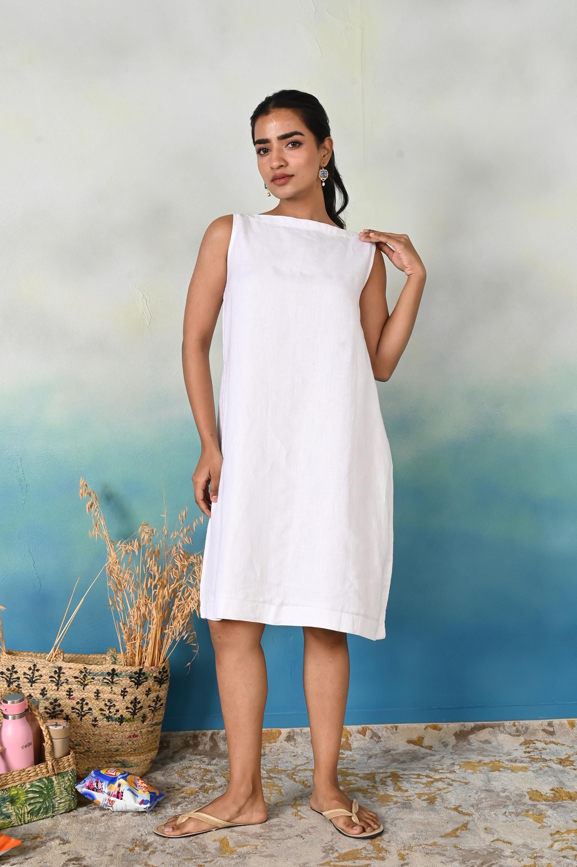 Handmade White Linen Midi Dress: Sleeveless Boat Neck Summer Shift