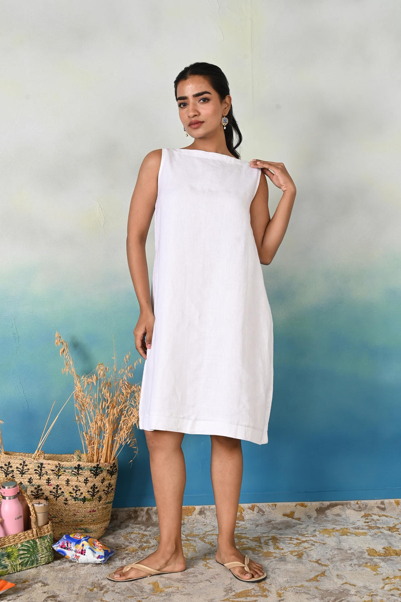 Handmade White Linen Midi Dress: Sleeveless Boat Neck Summer Shift