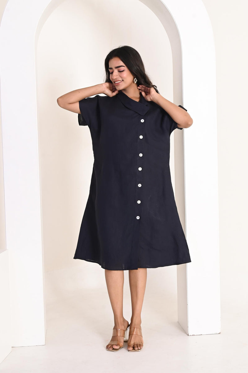 Handmade Linen A-Line Dress: Collared, Drop Shoulder, Side Button