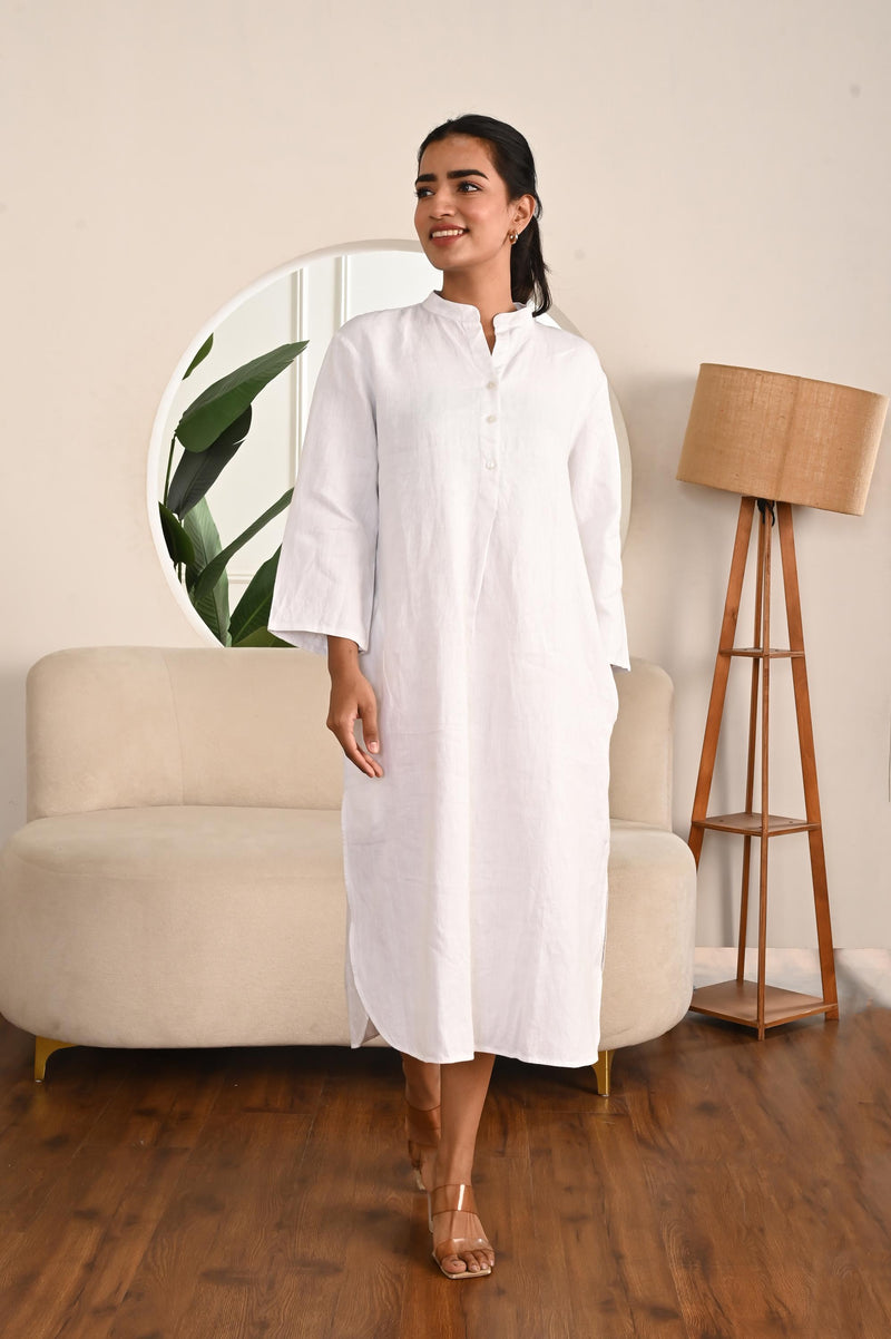 White Linen Midi Dress, Mandarin Collar